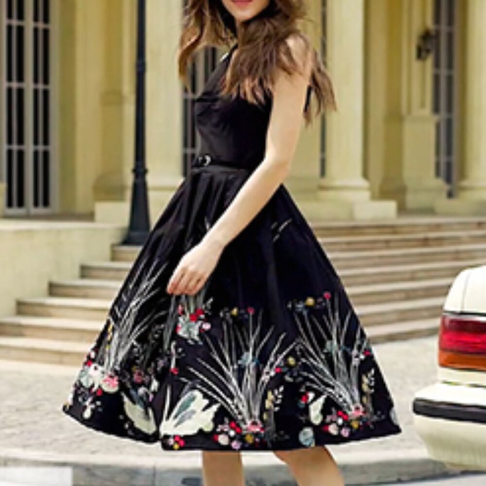 BELLE POQUE  Women 1950S Vintage Dress/Print A-Line Dress Sz: 2XL Black